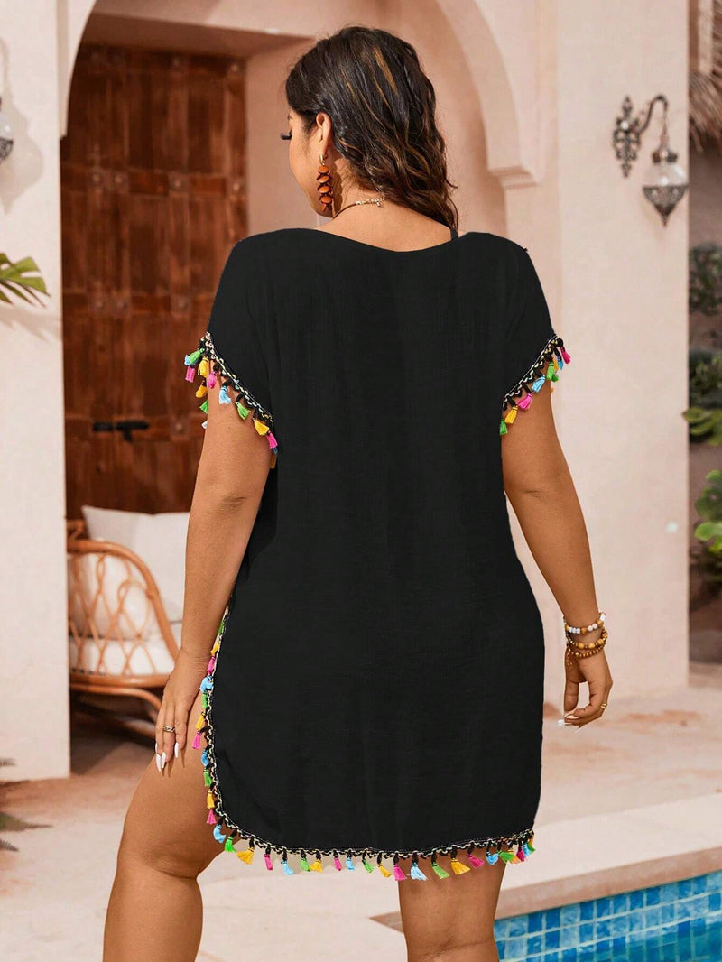 Quimono de Praia Floral com Franjas -  Plus Size